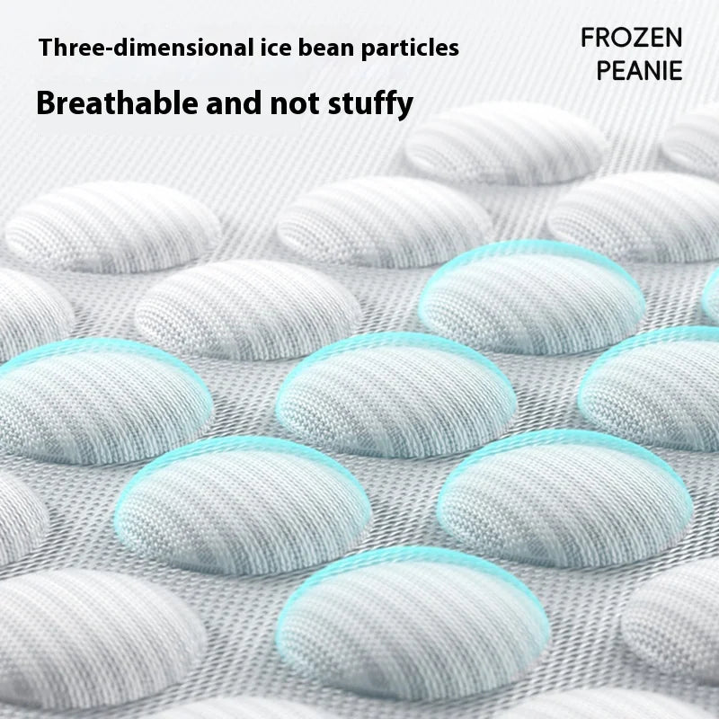 Three-dimensional ice bean particles on a mesh background with text about breathability.