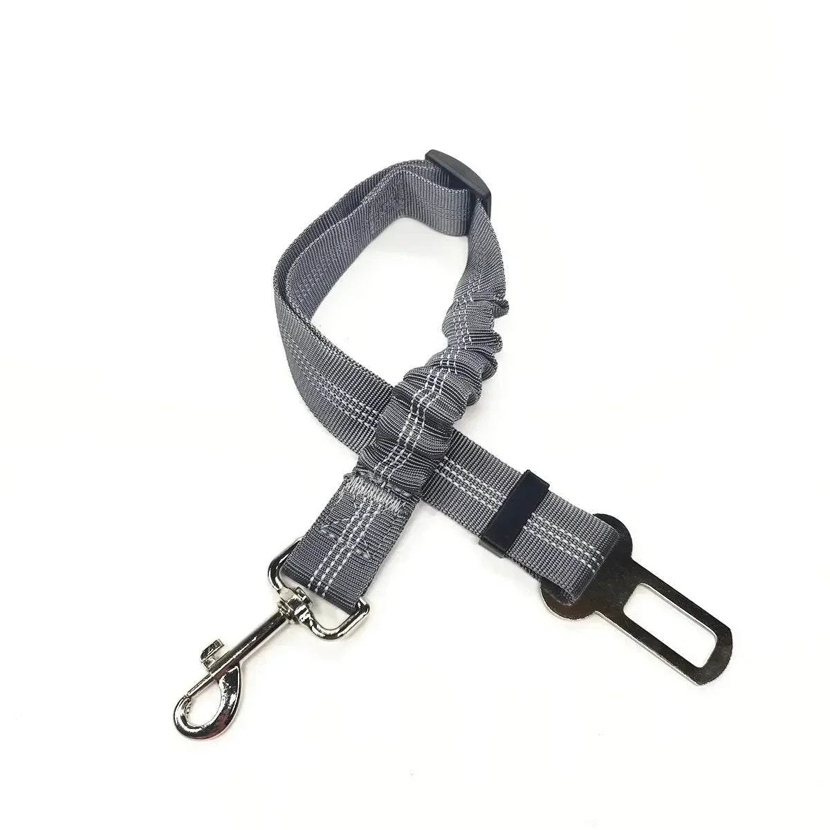 Adjustable Pet Car Seat Belt in use – dog sitting safely in a car with the seat belt attached to its harness."

