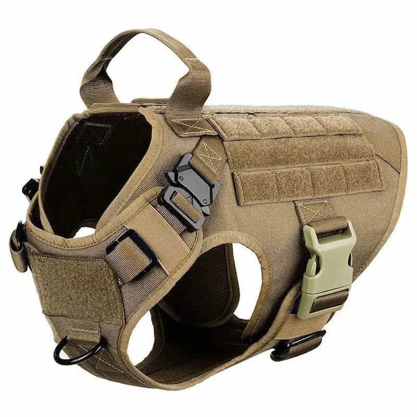 Tan tactical dog harness on a white background