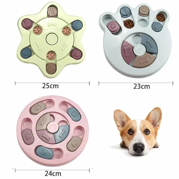 Three dog puzzle toys with a measuring scale and a dog's head in the corner.