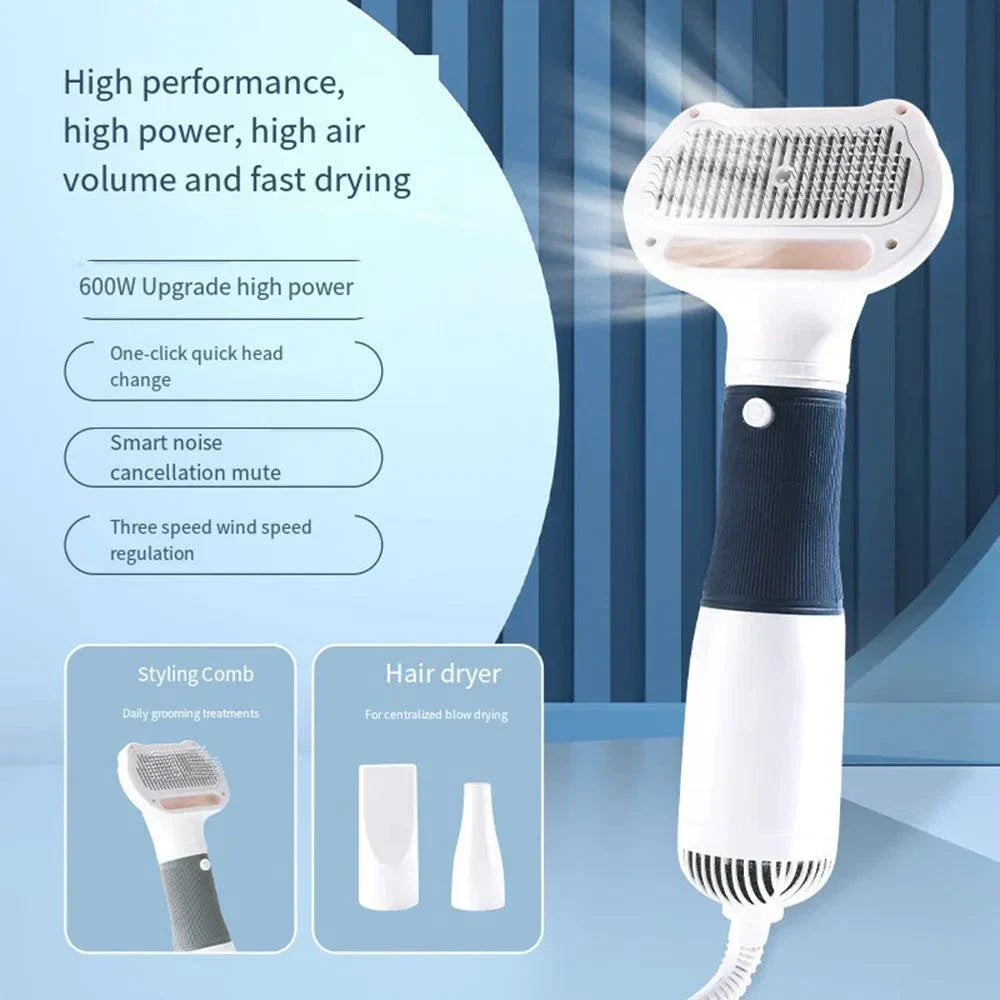 "Pet hair dryer with adjustable heat and airflow settings for fast and safe drying of dogs and cats, available in 110V and 220V options.