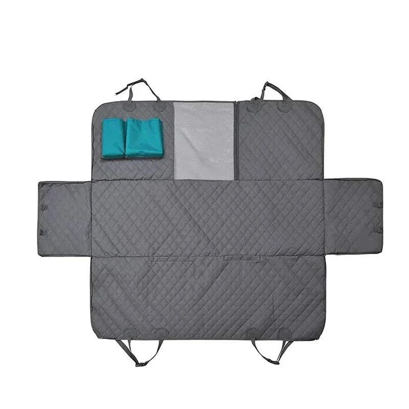 Waterproof pet car seat cover with hammock design and non-slip backing, suitable for most vehicles.