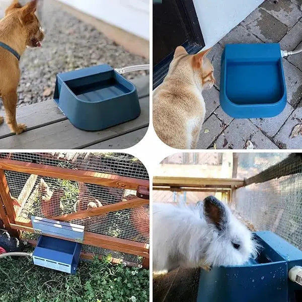 Automatic Outdoor Pet Water Dispenser with 2L self-filling bowl and 1.5m garden hose. Provides fresh water for dogs, cats, chickens, rabbits and outdoor pets. Summer pet hydration solution.