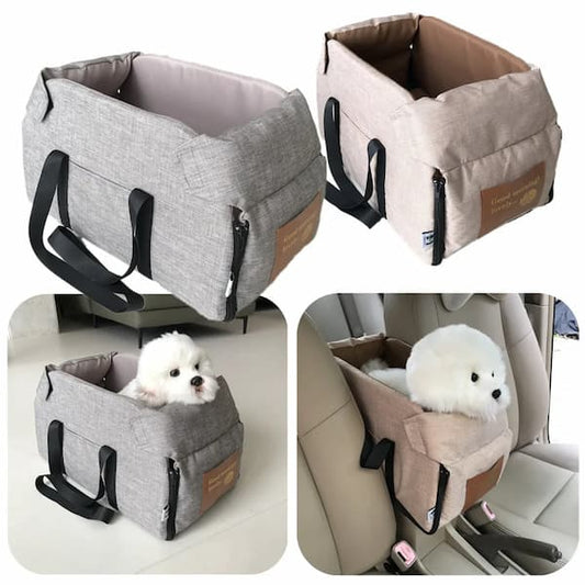 dog sitting safely in car booster seat