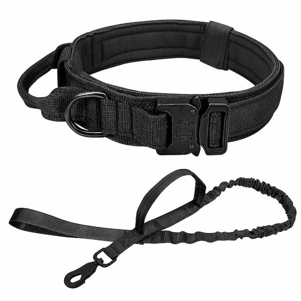 Black dog tactical collar and leash set on a white background