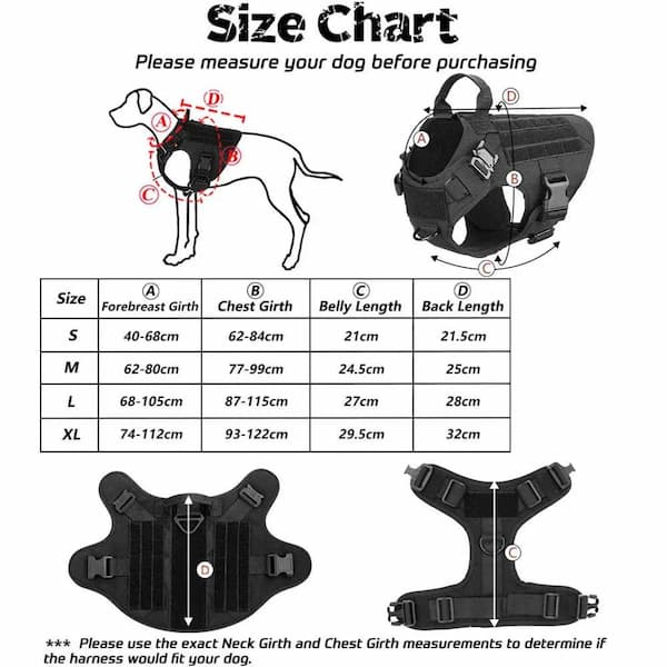 Dog harness size chart with measurements and illustrations on a white background