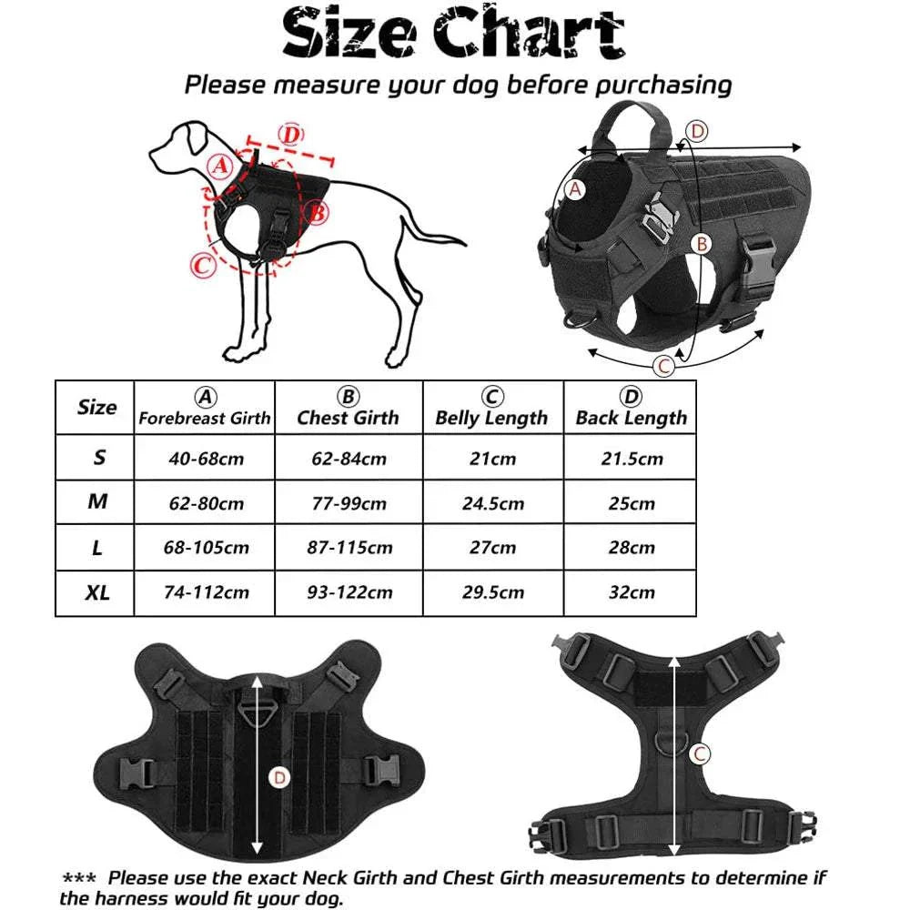 Tactical large dog collar and harness set, size chart for German Shepherd K9, military-style pet gear, training vest measurements.