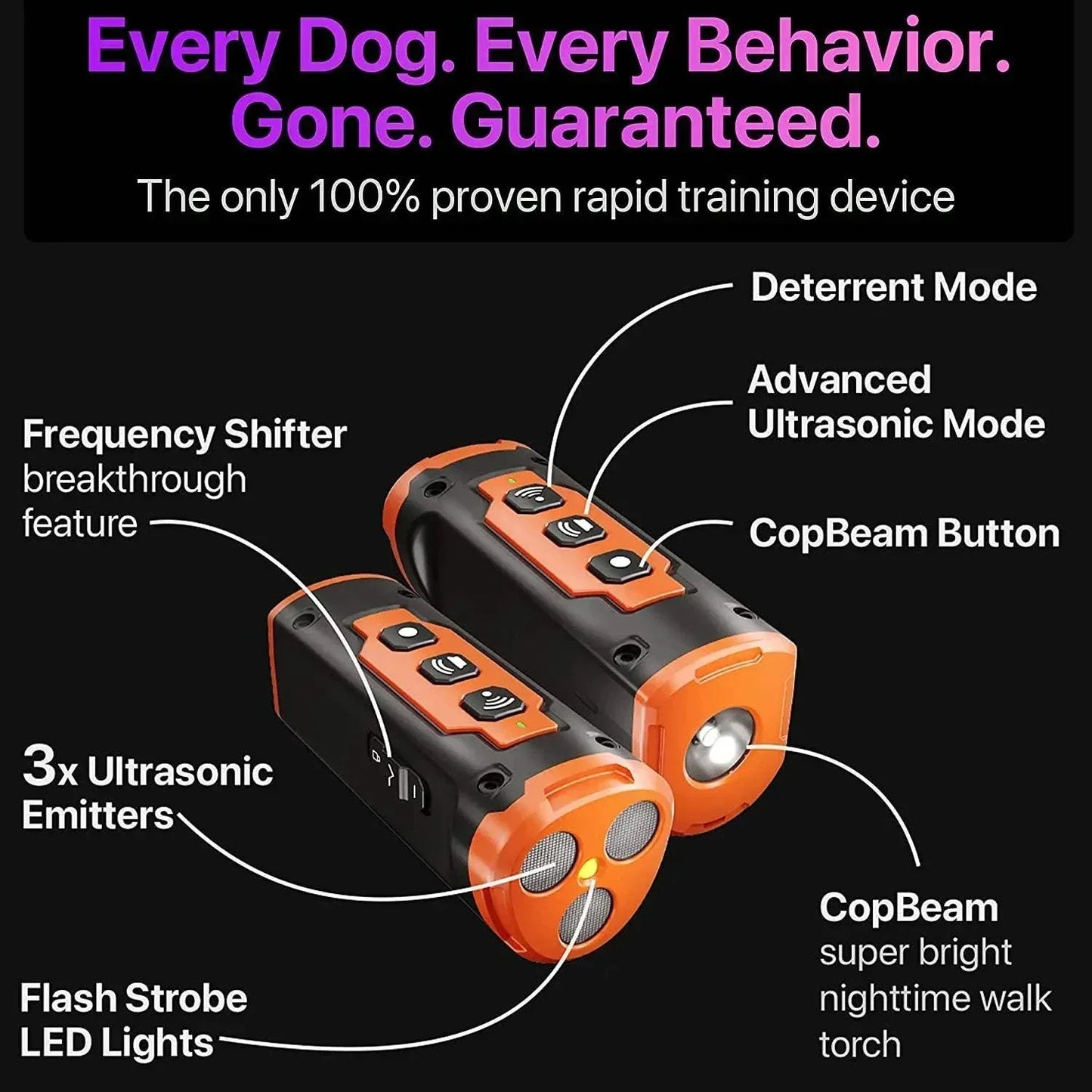 Rechargeable ultrasonic dog training and anti-bark device with LED flashlight, compact and portable design, ideal for training and repelling dogs, 2023 release.