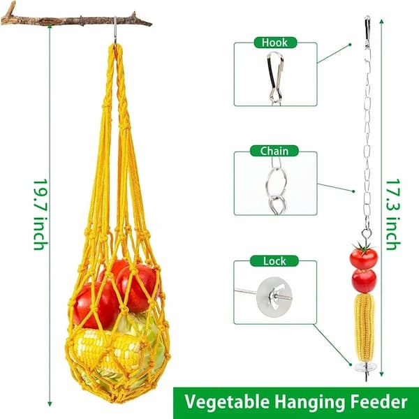 Yellow vegetable hanging feeder with measurements and components on a white background