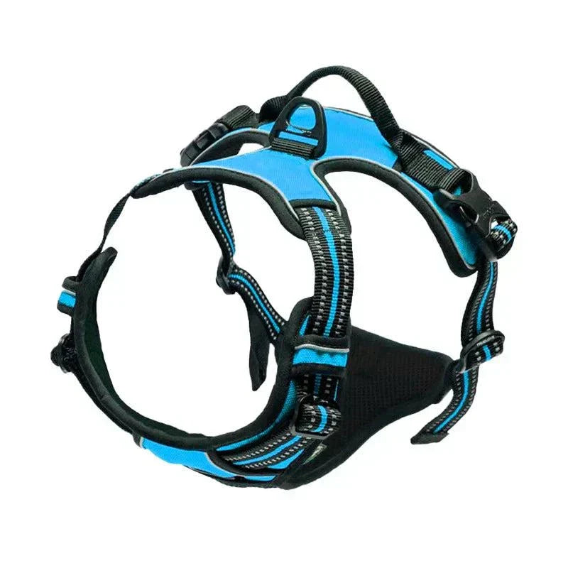 Reflective adjustable pet harness, breathable vest with chest strap for dogs and cats, black and blue design.