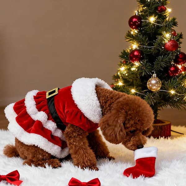 Dog in a Santa outfit with a Christmas tree in the background