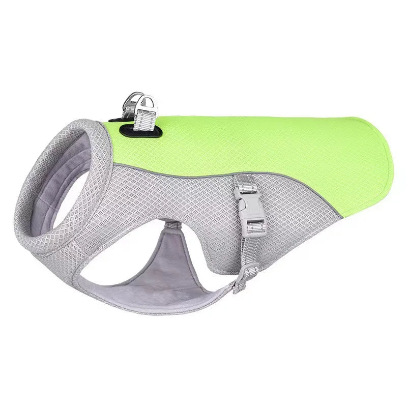 Dog cooling harness with green back and gray front on a white background