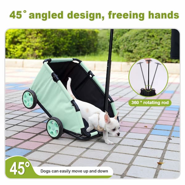 Pet stroller with a dog inside, featuring an angled design and 360-degree rotating rod.