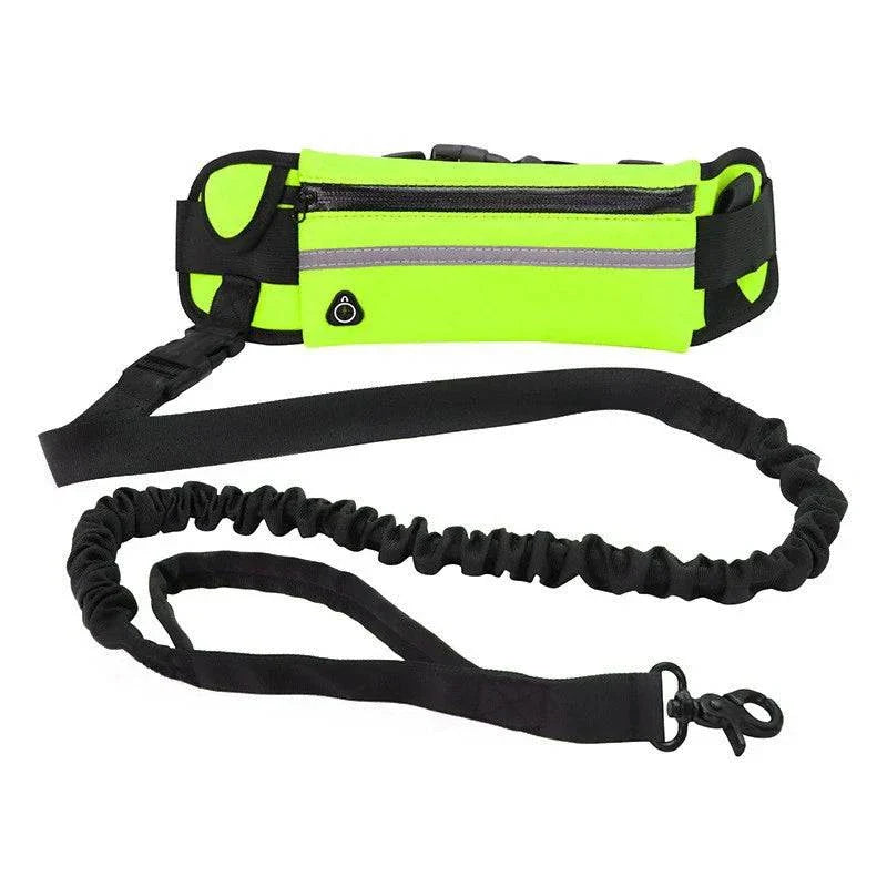 Hands-Free Reflective Dog Leash – pet owner jogging with a dog, featuring an adjustable waist bag and elastic leash