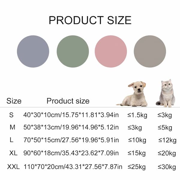 Product size chart with color swatches and dog and cat illustrations