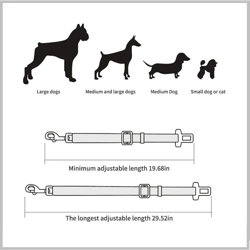 Adjustable Pet Car Seat Belt in use – dog sitting safely in a car with the seat belt attached to its harness."

