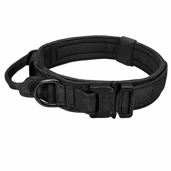 Black tactical dog collar with a buckle on a white background