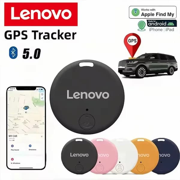 Lenovo GPS Tracker with smartphone app, car illustration, and color options on a white background