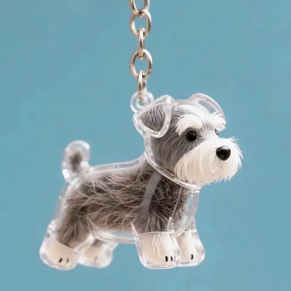 Dog-shaped keychain on a blue background