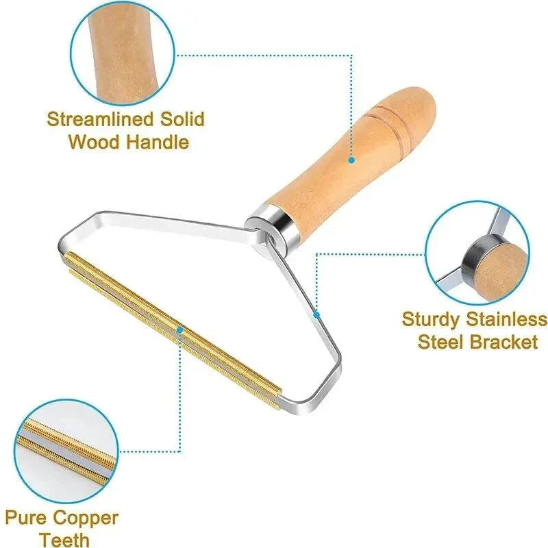 Portable lint remover scraping pet hair from a wool coat, reusable manual cleaning tool for carpets, clothes, and upholstery.