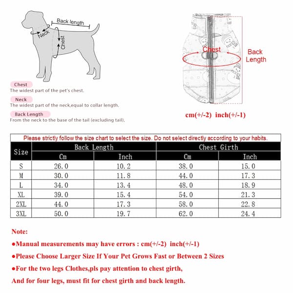 Dog coat size chart with measurements and instructions on how to measure a dog for a coat.