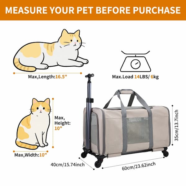 Pet carrier with measurements and a cat illustration for size reference.