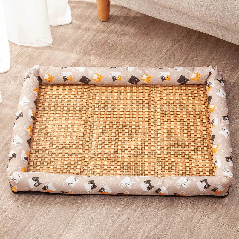 Woven pet bed with cartoon-patterned cover on a wooden floor