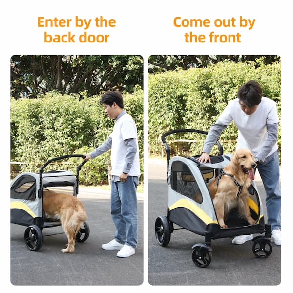 Person pushing a pet stroller with a dog, with text indicating entry and exit points.