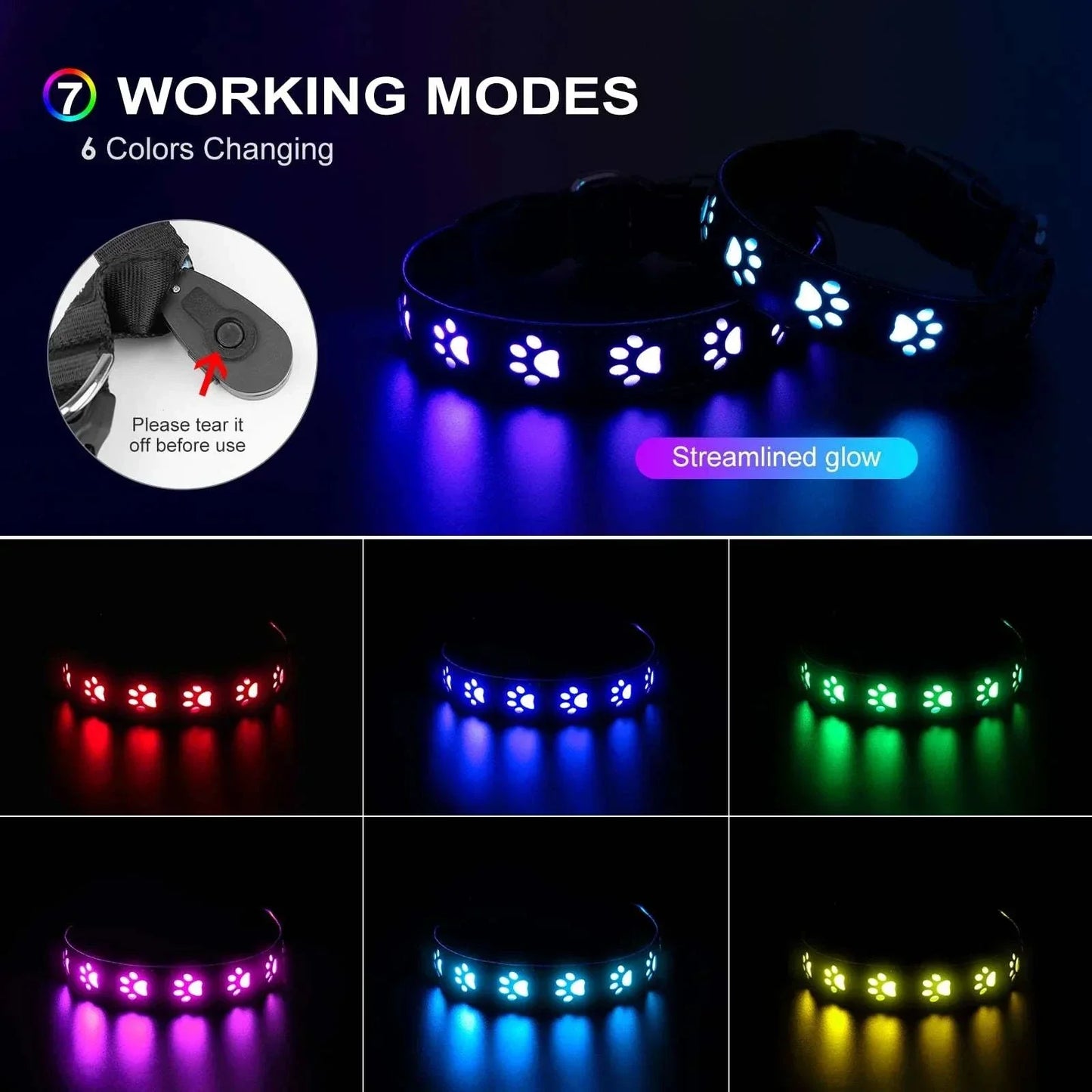 7 modes LED dog collar with 6 color options, USB rechargeable, waterproof, night safety.