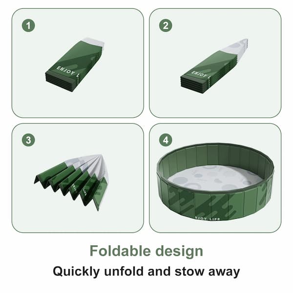 Step-by-step guide on how to unfold and stow a green pool for dogs.