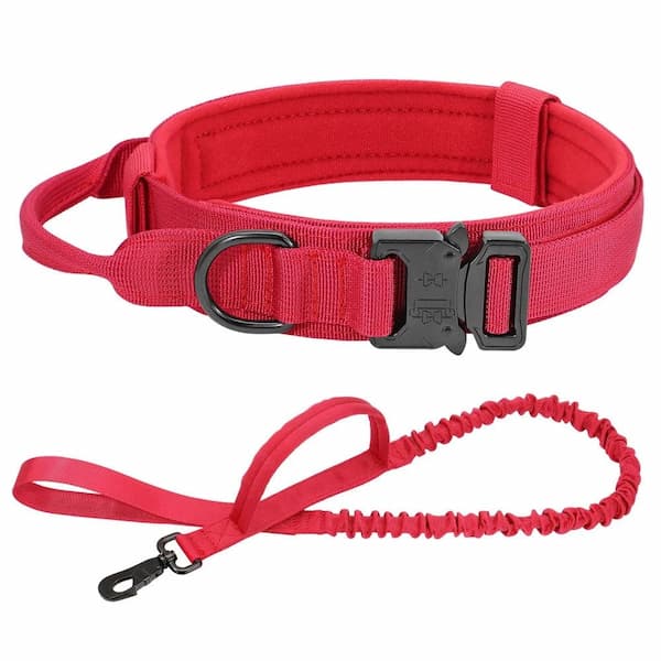 Red dog tactical collar and leash set on a white background
