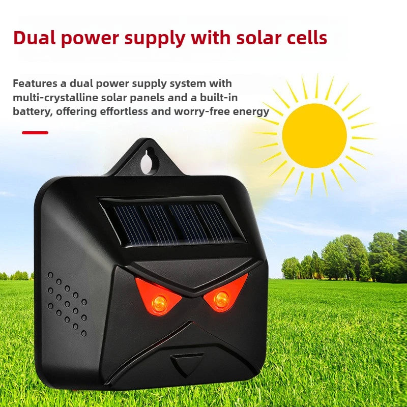 solar animal deterrent device with red lights designed to help deter predators and protect chickens and garden areas at night