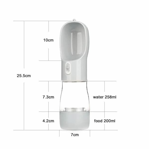 White pet water and food dispenser with dimensions and capacity details on a white background