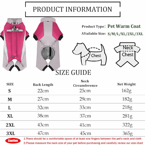 Pet warm coat with size guide and product information on a white background