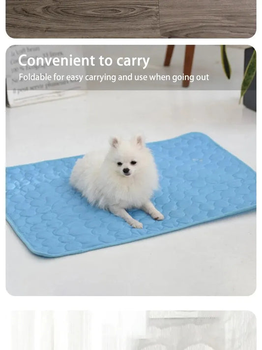 Cooling Pet Ice Mat – Lightweight summer bed for cats and small dogs in blue and grey. Soft, breathable material. Available in two sizes.