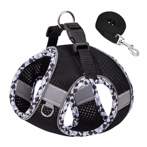 Dog harness and leash set with black and gray pattern on a white background