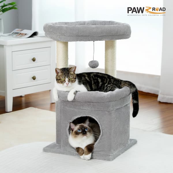 Two cats on a gray cat tree with 'PAWzROAD' branding in the corner.