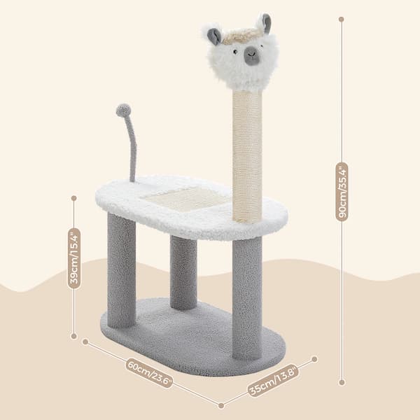 Cat tree with a plush toy on top, featuring dimensions on a beige background