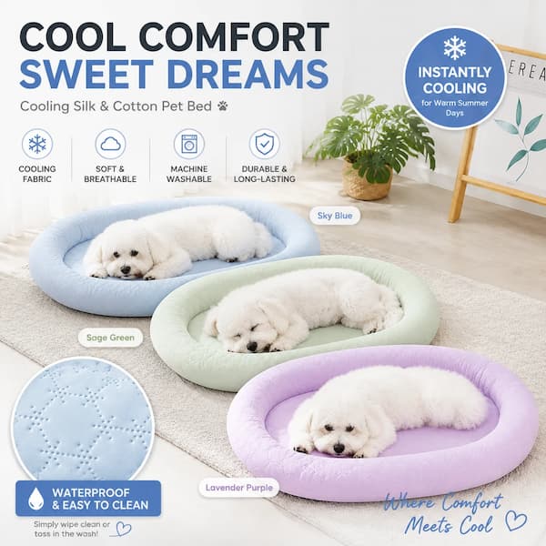 Three cooling pet beds in Sky Blue, Sage Green, and Lavender Purple, each with a small white dog lying inside. The image includes marketing text, icons for cooling fabric, softness, washability, and durability, a circular 'Instantly Cooling' badge, and a small inset showing the cooling texture.