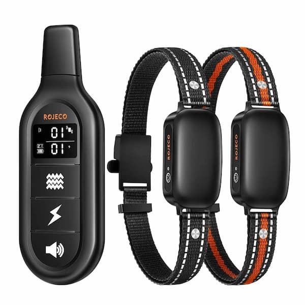 Dog training collar system with remote and two collars on a white background