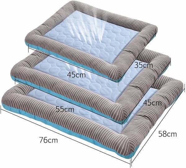 Three sizes of pet cooling beds with measurements on a white background