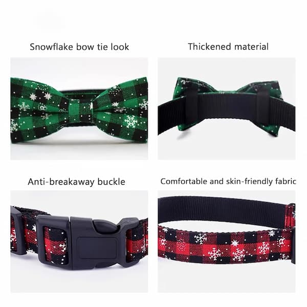 Dog collar with snowflake bow tie design, thickened material, anti-breakaway buckle, and comfortable fabric.