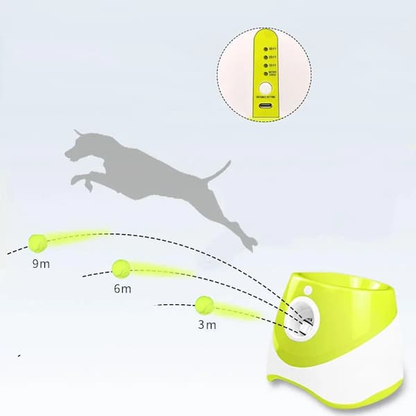 Yellow dog training device with measurement indicators on a light gray background