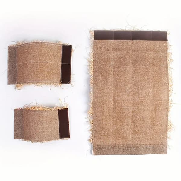 Three fabric swatches including brown and black on a white background