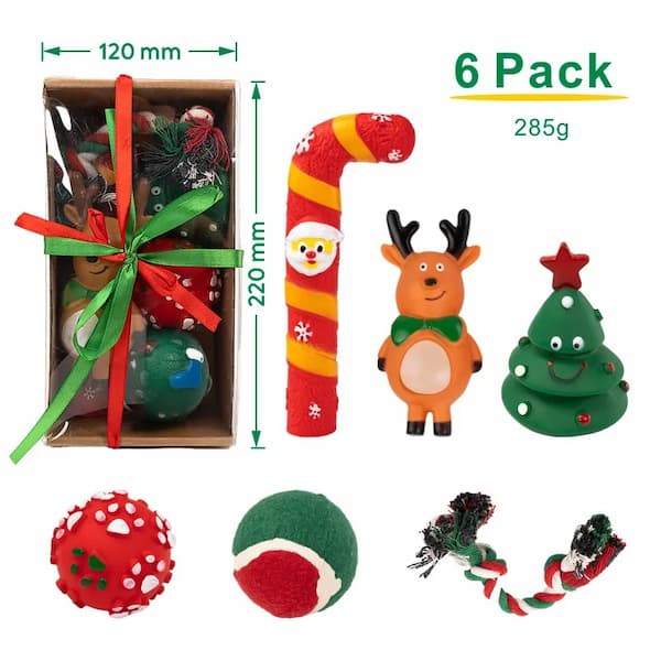 Set of Christmas-themed dog toys with packaging, dimensions, and weight displayed.