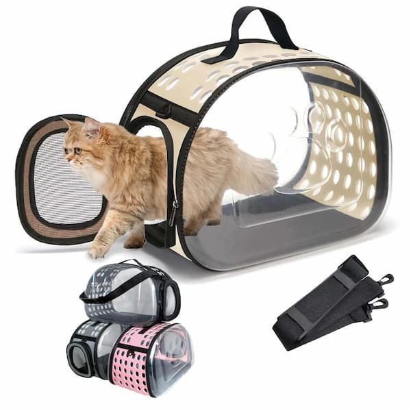 Pet carrier with a cat inside, showing straps and additional carriers on a white background