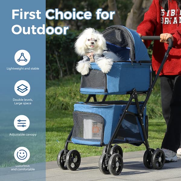 Blue pet stroller with a white dog inside, being pushed by a person, with features listed on the left.