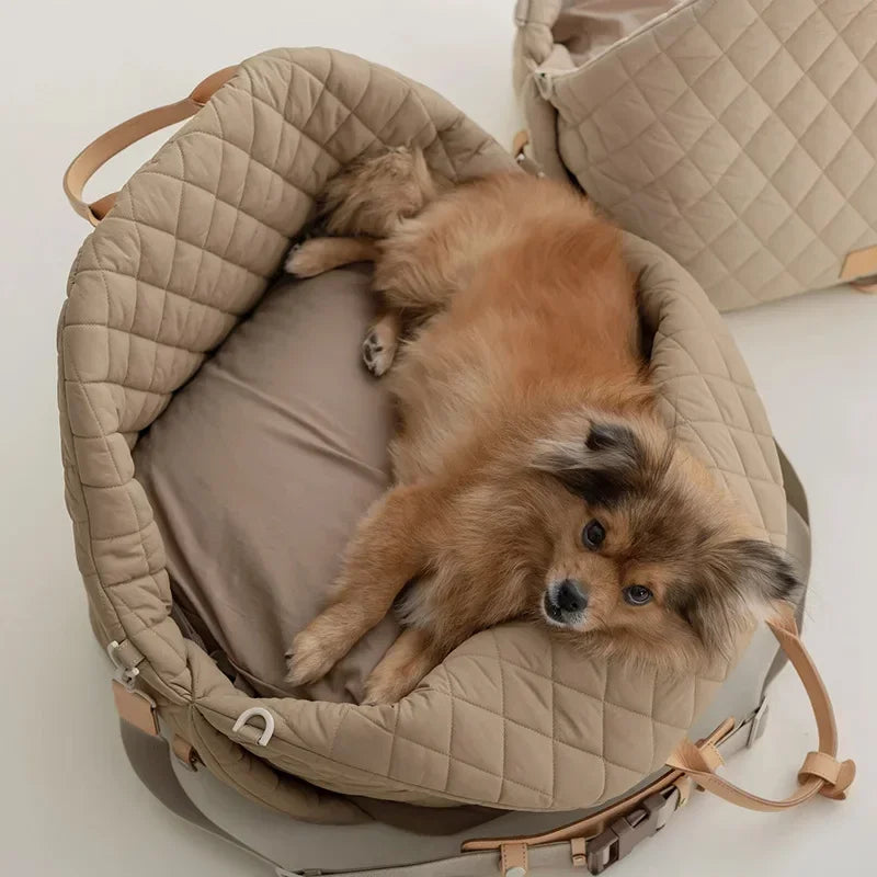 Dog sitting comfortably in luxury pet tote booster seat on a summer road trip