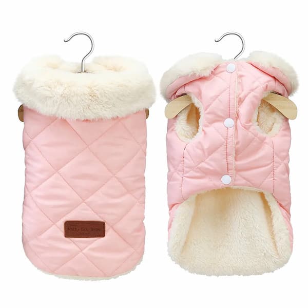 Two pink quilted dog coats with white fur trim on hangers against a white background.