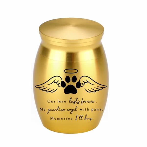 Gold urn with paw print design and text on a white background